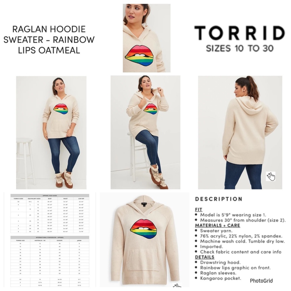 Torrid 2 plus size raglan hoodie sweater rainbow lips oatmeal NWT